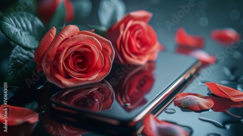Elegant phone with romantic rose wallpapers in a close-up view