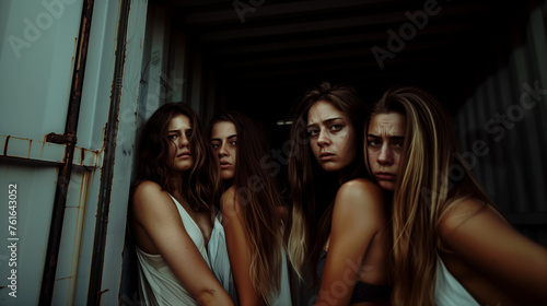 A groups of young women inside shipping containers. Human trafficking