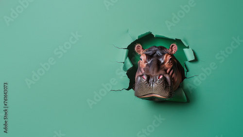 An overhead perspective of a hippo's head pushing through a ruptured green surface, creating an engaging three-dimensional effect photo