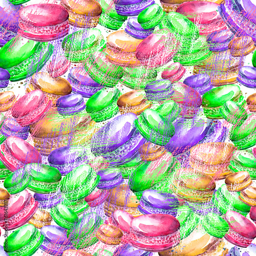 Seamless vintage pattern with watercolor. Tasty colorful macaron. 
Use for design, postcards, posters, packaging, invitations. Watercolor macaroon, cake, cookies. Pencil stroke, artistic drawing.