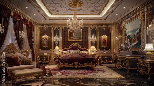A luxury bedroom adorned with original paintings and sculptures, creating an art gallery ambiance in stunning © ZeSHAN
