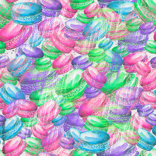 Seamless vintage pattern with watercolor. Tasty colorful macaron. 
Use for design, postcards, posters, packaging, invitations. Watercolor macaroon, cake, cookies. Pencil stroke, artistic drawing.