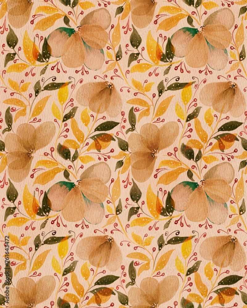 Seamless pattern with watercolor flowers, leaves and translucent petals on a pastel beige background, hand drawn on watercolor paper. Suitable for interior, wallpaper, fabrics, clothing, stationery.