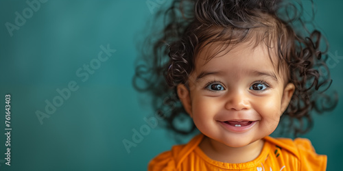 Small cute smiling indian girl over teal background. Banner with copy space. Shallow depth of field.