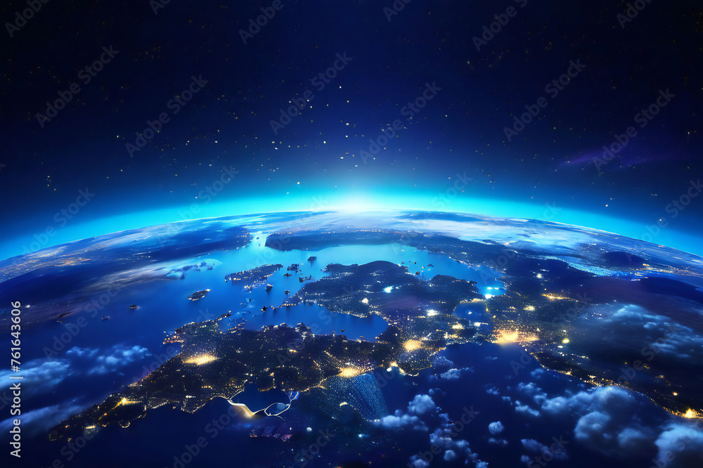 Obraz premium Earth view from space global network, blockchain technology and communication Future world concept.