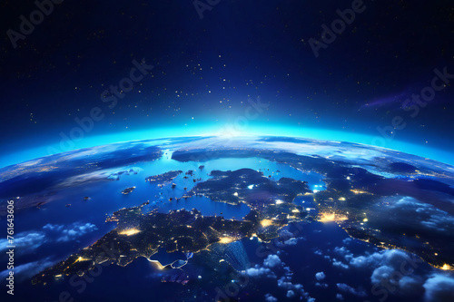 Earth view from space global network, blockchain technology and communication Future world concept.