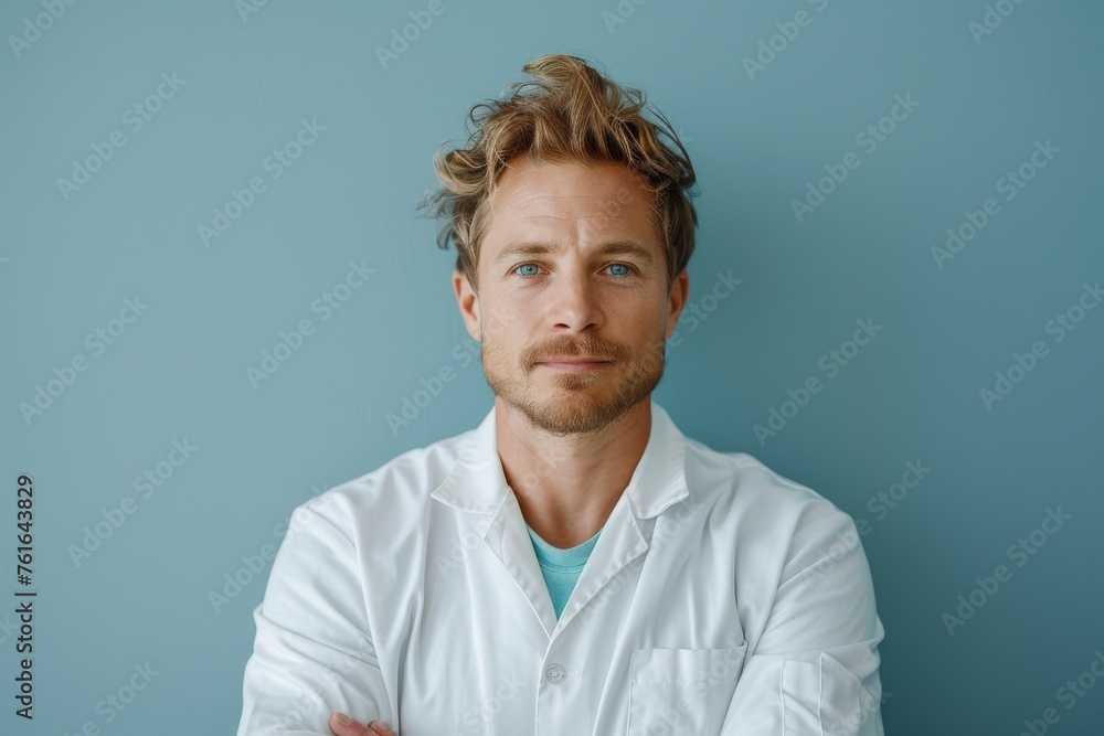 Confident male physical therapist with crossed arms in clinic - obrazy, fototapety, plakaty 