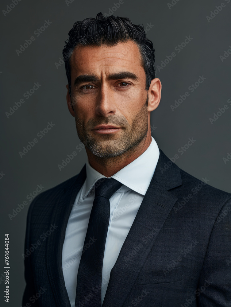 An attractive man with dark hair presenting a confident look in a sleek black suit An attractive man with dark hair presenting a confident look in a sleek black suit