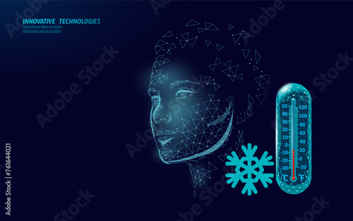 Cryotherapy skincare salon procedure. Medical skin dermatology treatment. Beauty freeze 3D low poly face cure vector illustration