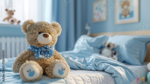 Cozy children's bedroom with cuddly teddy bears and soft blue accents for a serene atmosphere