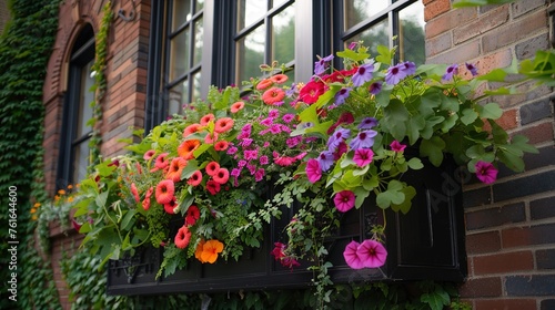 A close-up of the charming window boxes adorning a craftsman townhouse, overflowing with vibrant flowers and trailing vines against a backdrop of warm brick.