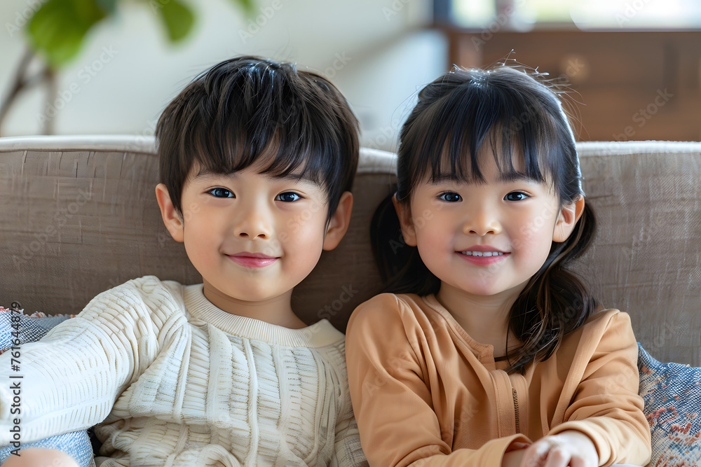 Portrait of two Asian children sitting on the sofa at home looking at the camera with a smile on their faces Portrait of two Asian children sitting on the sofa at home looking at the camera with a smile on their faces