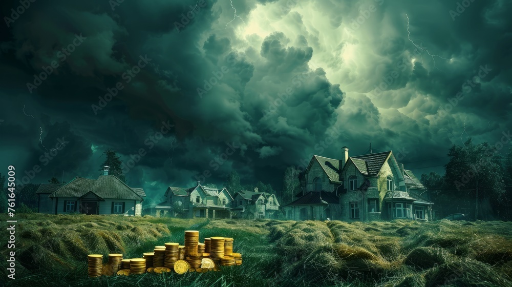 Stormy sky above a serene landscape of houses and coin stacks, depicting the ups and downs of real estate markets - obrazy, fototapety, plakaty 