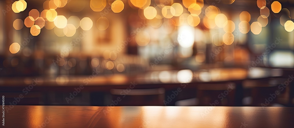 A hardwood table sits in a city building, with a blurred background of a bar event. The wood flooring and heat create a cozy atmosphere in the room - obrazy, fototapety, plakaty 