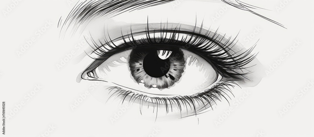 Fototapeta premium A monochrome drawing of a womans eye with long eyelashes, featuring an electric blue iris. This artwork showcases the beauty of the human body through detailed monochrome photography