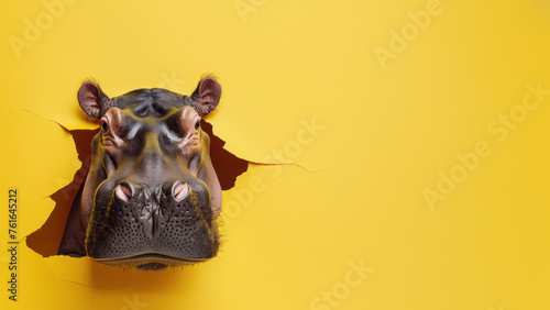 A creative and quirky image displaying a hippopotamus head as if bursting through a vibrant yellow backdrop