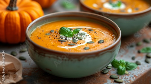 Autumn Comfort: Pumpkin Soup with Cream and Seeds, generative ai
