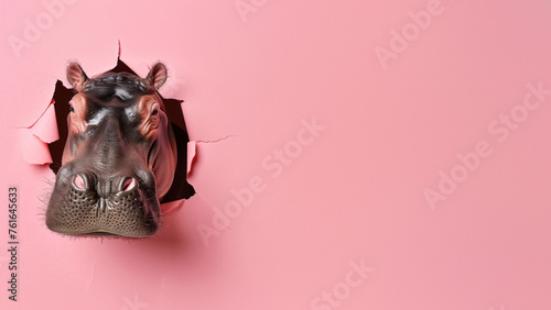 An intriguing image of a hippo's head sticking out from a tear in the paper, invoking humor and surprise