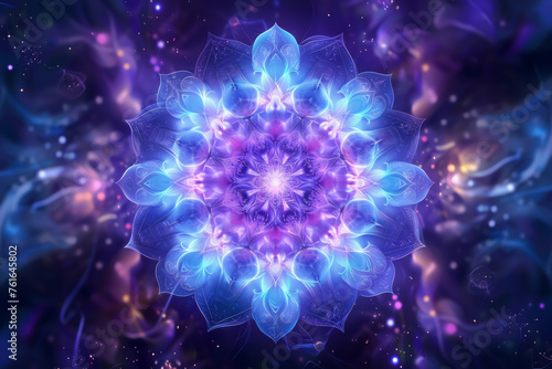 Intricate fractal lotus mandala with vibrant blue and purple hues against a celestial backdrop
