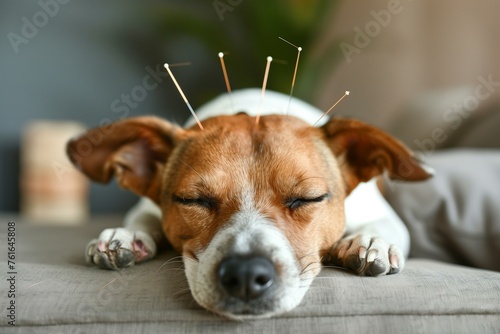 Dog Laying on Couch With acupuncture needles in head.