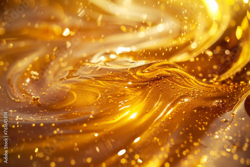 Lustrous golden fluid background with a viscous honey-like texture and sparkling highlights.