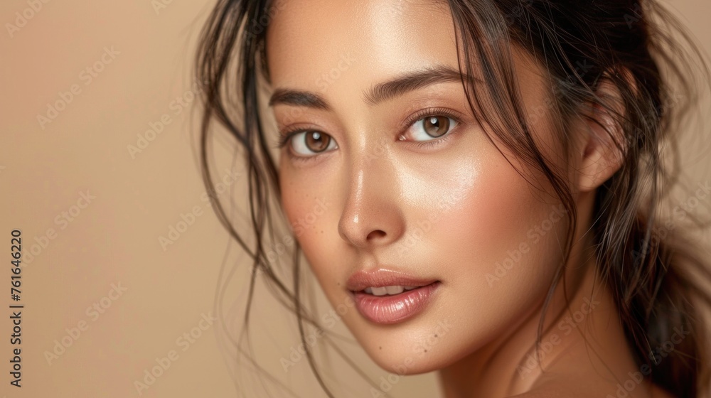 Fototapeta premium Young fashionable Asian woman have Perfect body and clear fresh skin doing sexy pose y2k concept isolated on beige background. Portrait of beautiful female model in studio. Aesthetic cosmetology.