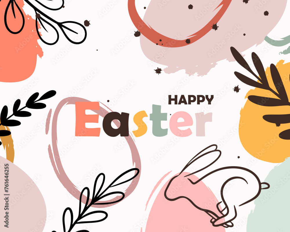 Happy Easter banner. Greeting card, poster, holiday cover. Trendy Easter design eggs and bunny in pastel colors. Modern minimal style. Vector illustration EPS10