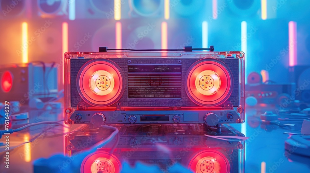 Fototapeta premium Poster. Contemporary art collage. Modern creative artwork. Vintage audio tape recorder in mixed neon light isolated blue background. Image in old paper style. Concept of youth culture, technology.