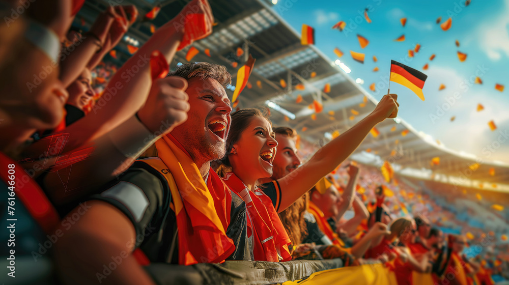Football fans of Germany cheering for their favorite team during the match at the stadium. Concept of 2024 UEFA European Football Championship