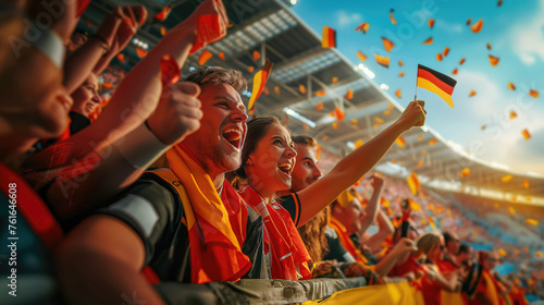 Football fans of Germany cheering for their favorite team during the match at the stadium. Concept of 2024 UEFA European Football Championship photo