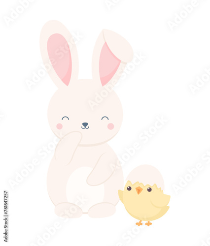 Cute laughing bunny and chick with eggshell on his head, isolated on white background. Flat vector illustration
