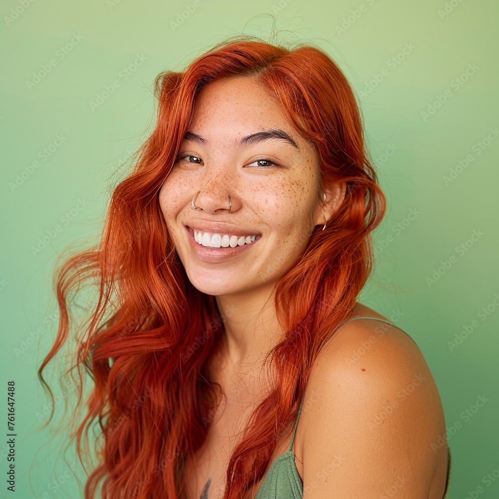 Fototapeta premium Experience the radiance of a 20-year-old Latina model with vibrant red hair in a skincare portrait. The soft backdrop, luminous filter effect, and cinematic clarity elevate the image's allure.