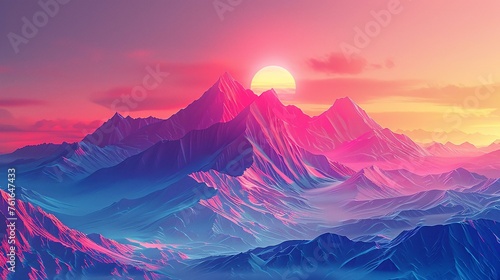 Vibrant 3D geometric mountains under a neon sky, showcasing the beauty of polygonal landscapes © Seksan