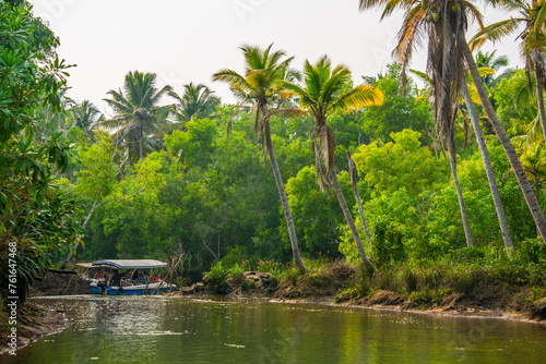 Secluded Backwater Channel with Tourist Boat in Kovalam, Kerala, India