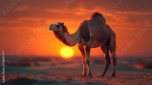 Tranquility in the Desert  Lone Camel at Dusk  generative ai