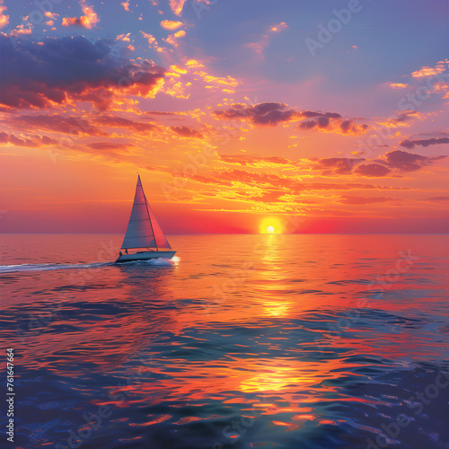 Serene Sunset Over Ocean Expanse with Silhouette of Sailing Boat