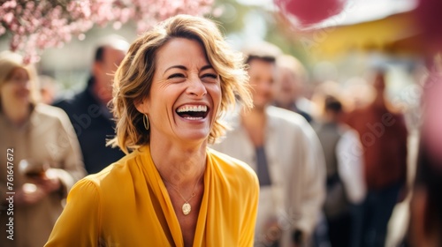 Happy and pretty woman stands in crowd and laughs