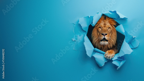 The image depicts a fierce lion ripping through the paper with its front paws, symbolizing breaking barriers