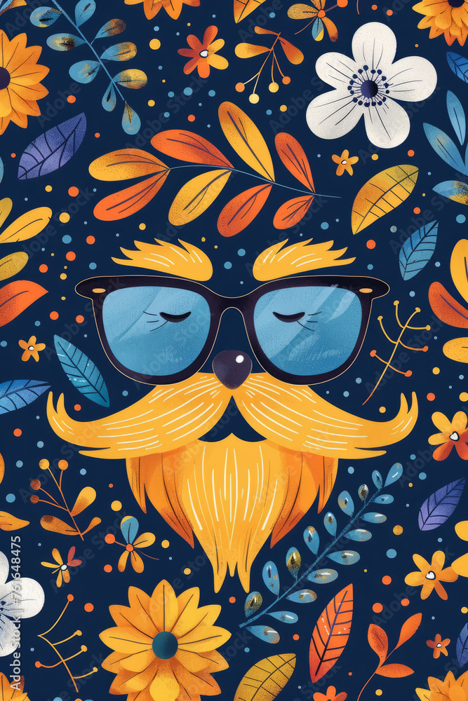 Stylized illustration of glasses and a mustache amid flowers, representing Grandfather's Day.
