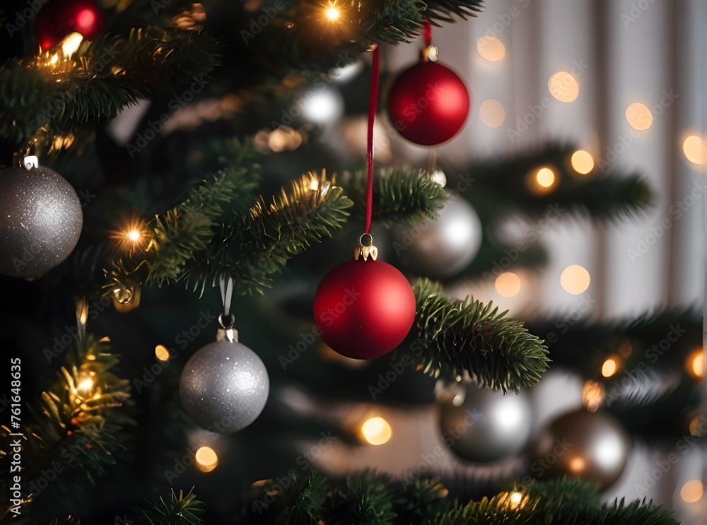 Close-up of a Christmas tree with red and silver decorations on its branches and lights in the background. Generative AI Close-up of a Christmas tree with red and silver decorations on its branches and lights in the background. Generative AI