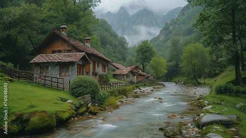 Rustic Charm of a Mountain Village in the Caucasus, generative ai