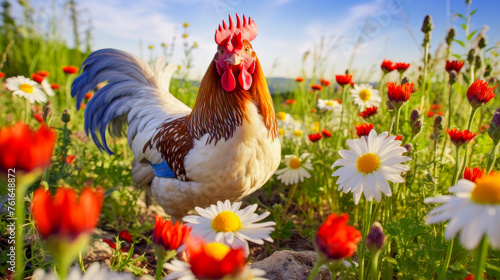 Cute, beautiful rooster in a field with flowers in nature, in the sun's rays. photo