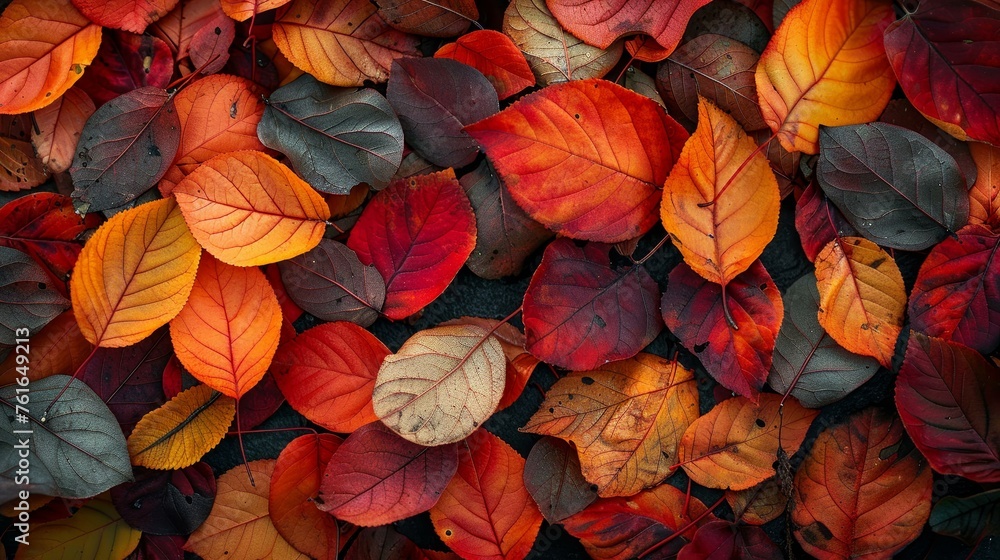 A tranquil autumn scene, leaves in hues of orange and red carpeting the ground A tranquil autumn scene, leaves in hues of orange and red carpeting the ground
