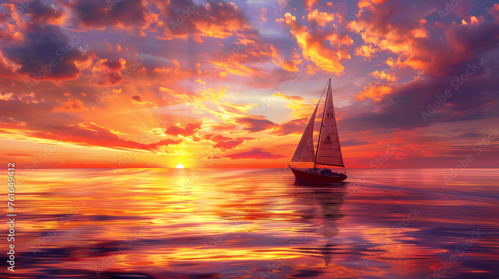 Serene Sunset Over Ocean Expanse with Silhouette of Sailing Boat