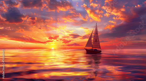 Serene Sunset Over Ocean Expanse with Silhouette of Sailing Boat © Leah