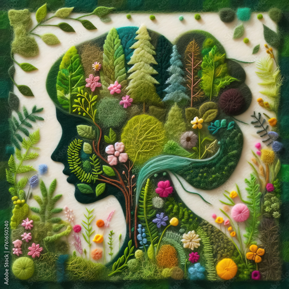 Fototapeta premium Felt art patchwork, woman's face profile with environmentally concept