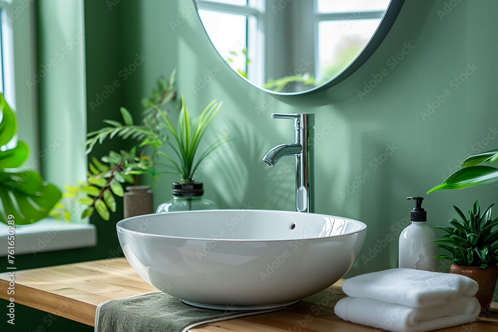Fototapeta premium White ceramic sink and chrome faucet, round mirror on light pistachio wall, modern bathroom interior design