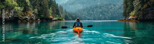 A kayaker in a bright orange kayak paddles through clear waters surrounded by a forested mountain landscape.