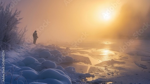 A lone figure ice fishes at dawn enveloped by the tranquil silence of a misty photo