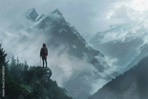 A lone hiker with a backpack gazes upon the majestic misty mountains